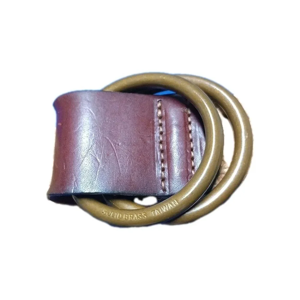 Beige woven belt with brown leather accents double Brass Rings Size 36